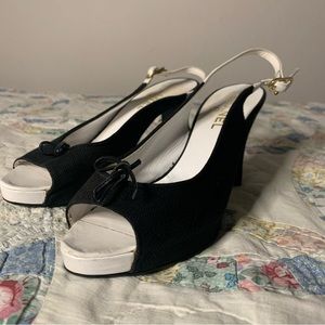 Chanel Black And White Peep Toe Slingback Pumps
